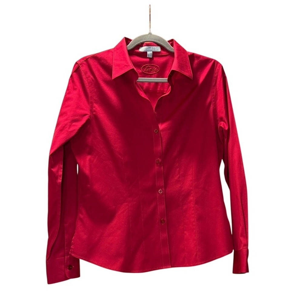 Foxcroft Womens Red Non-Iron Stretch Fitted Button Down Shirt Size 6 Long Sleeve